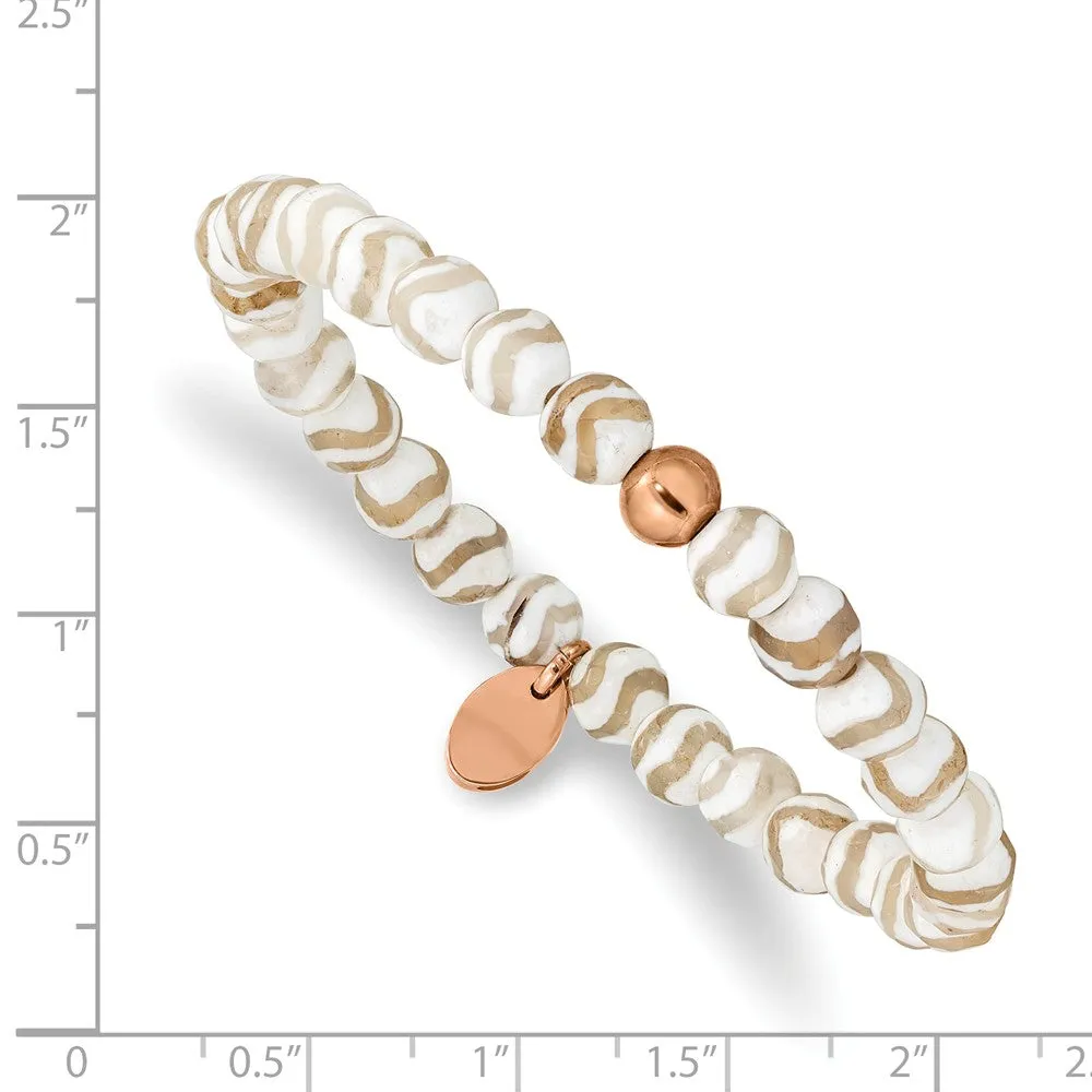 Stainless Steel Polished Rose IP White Wave Agate Stretch Bracelet