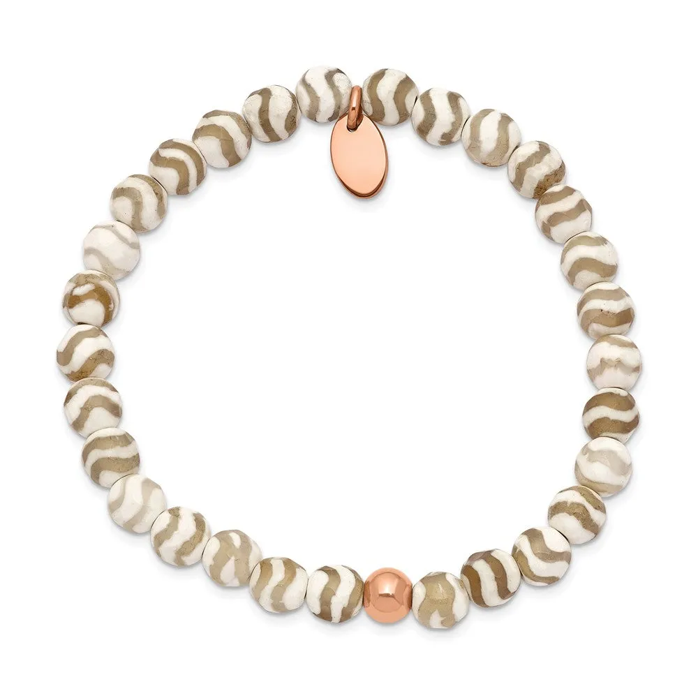 Stainless Steel Polished Rose IP White Wave Agate Stretch Bracelet