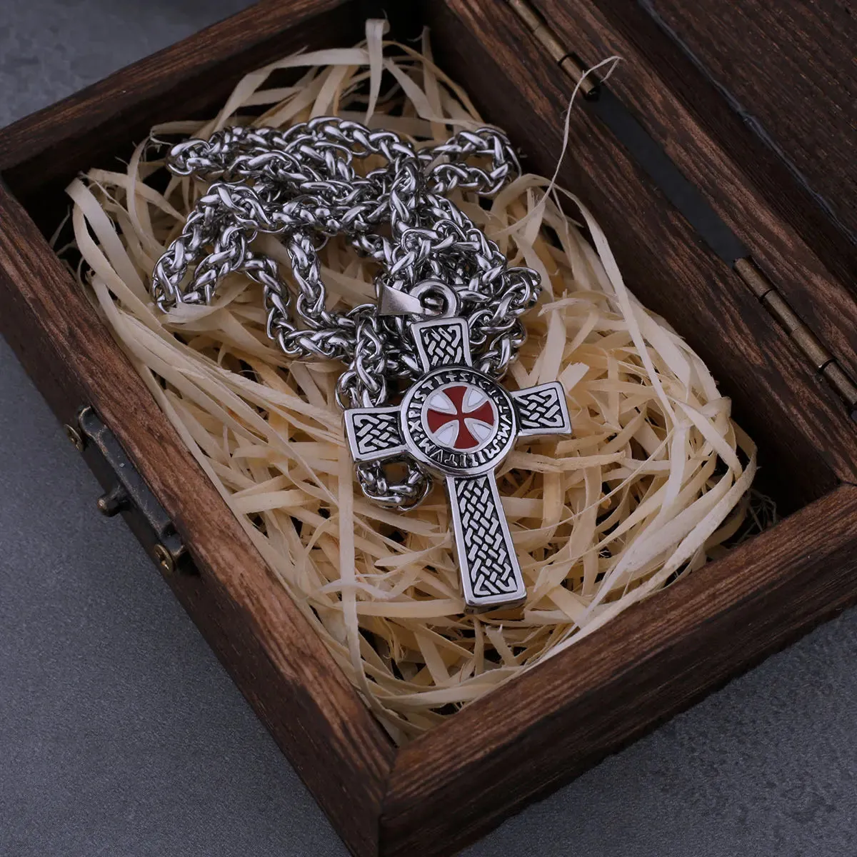 Stainless Steel Red Cross Shield Viking Necklace