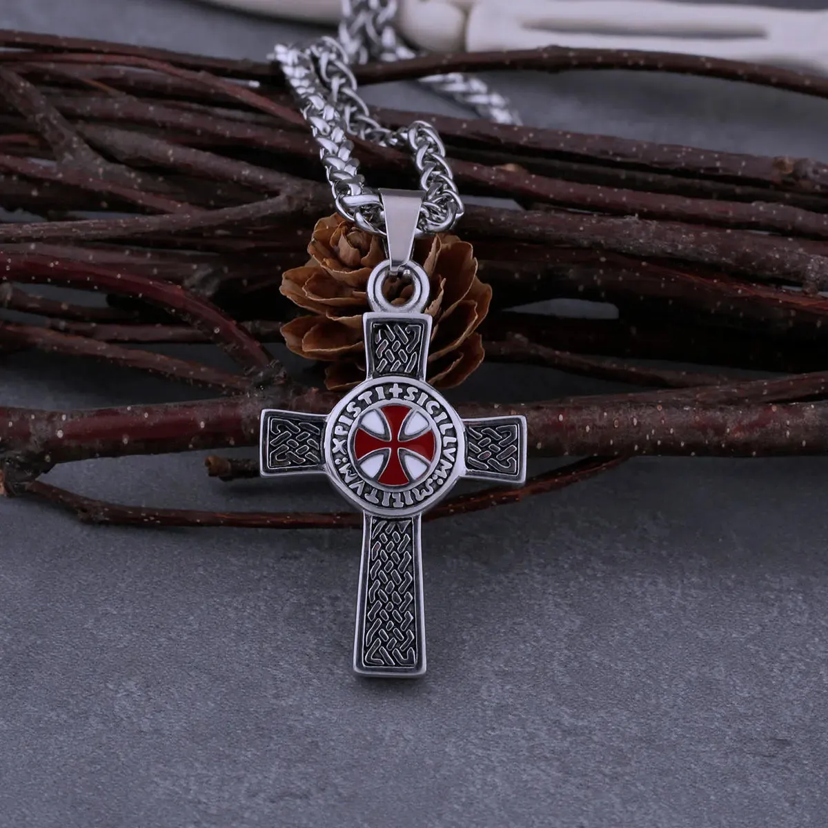 Stainless Steel Red Cross Shield Viking Necklace