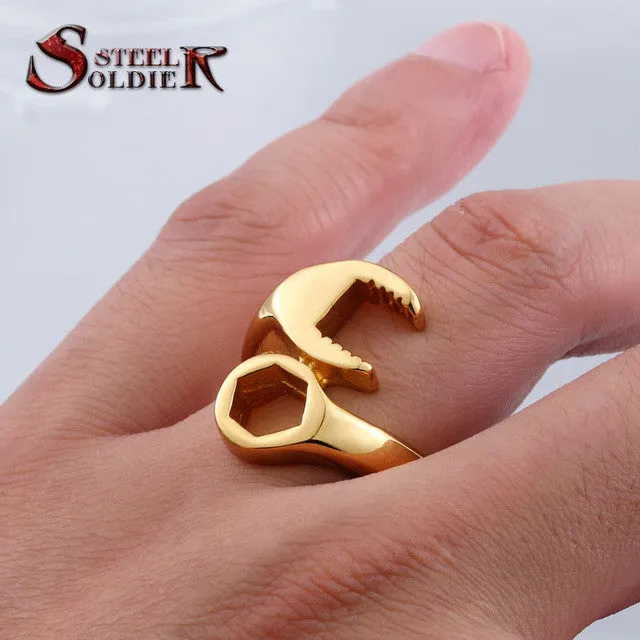 Steel soldier mix color unusual Hot Sale 316L Titanium Stainless steel Punk Biker Wrench Man rings jewelry