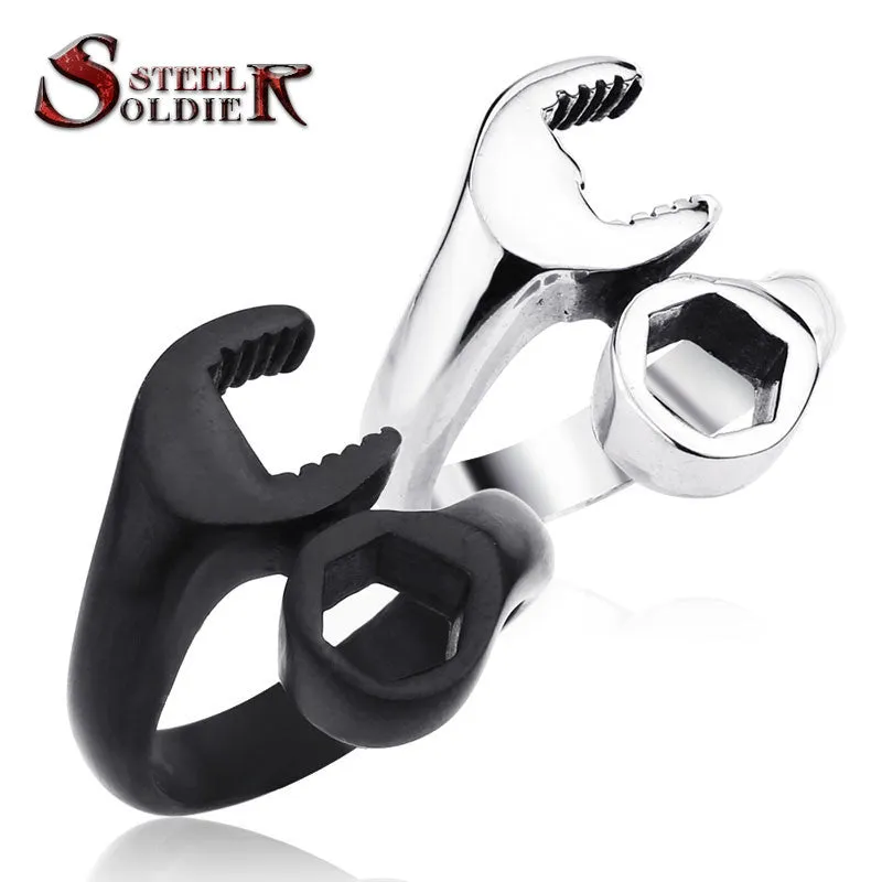 Steel soldier mix color unusual Hot Sale 316L Titanium Stainless steel Punk Biker Wrench Man rings jewelry