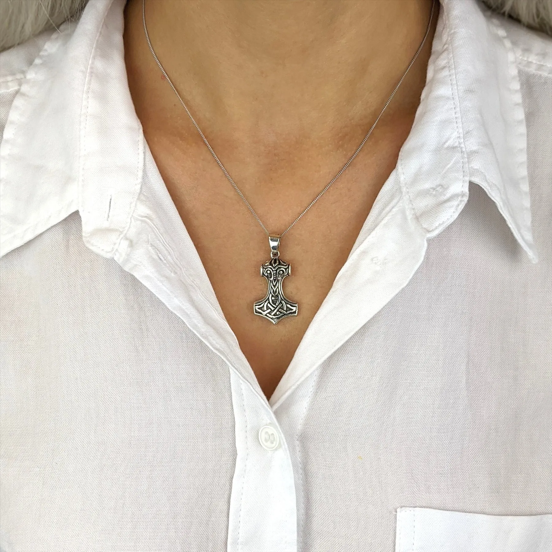 Sterling Silver Chunky Mjolnir Thor's Hammer Pendant - Norse Symbol Necklace