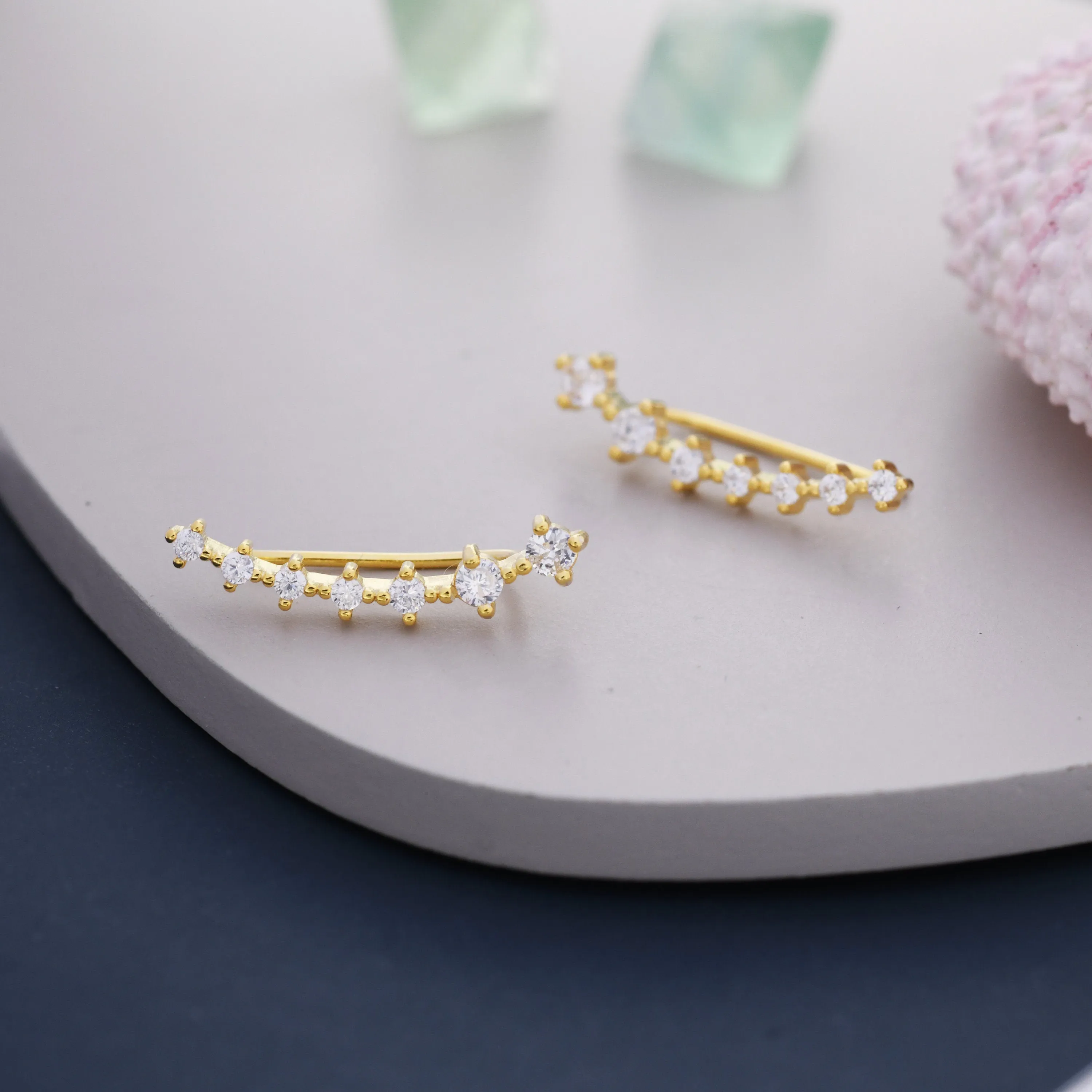 Sterling Silver Ear Crawler Earrings with Sparkly CZ Crystals, Silver, Gold or Rose Gold