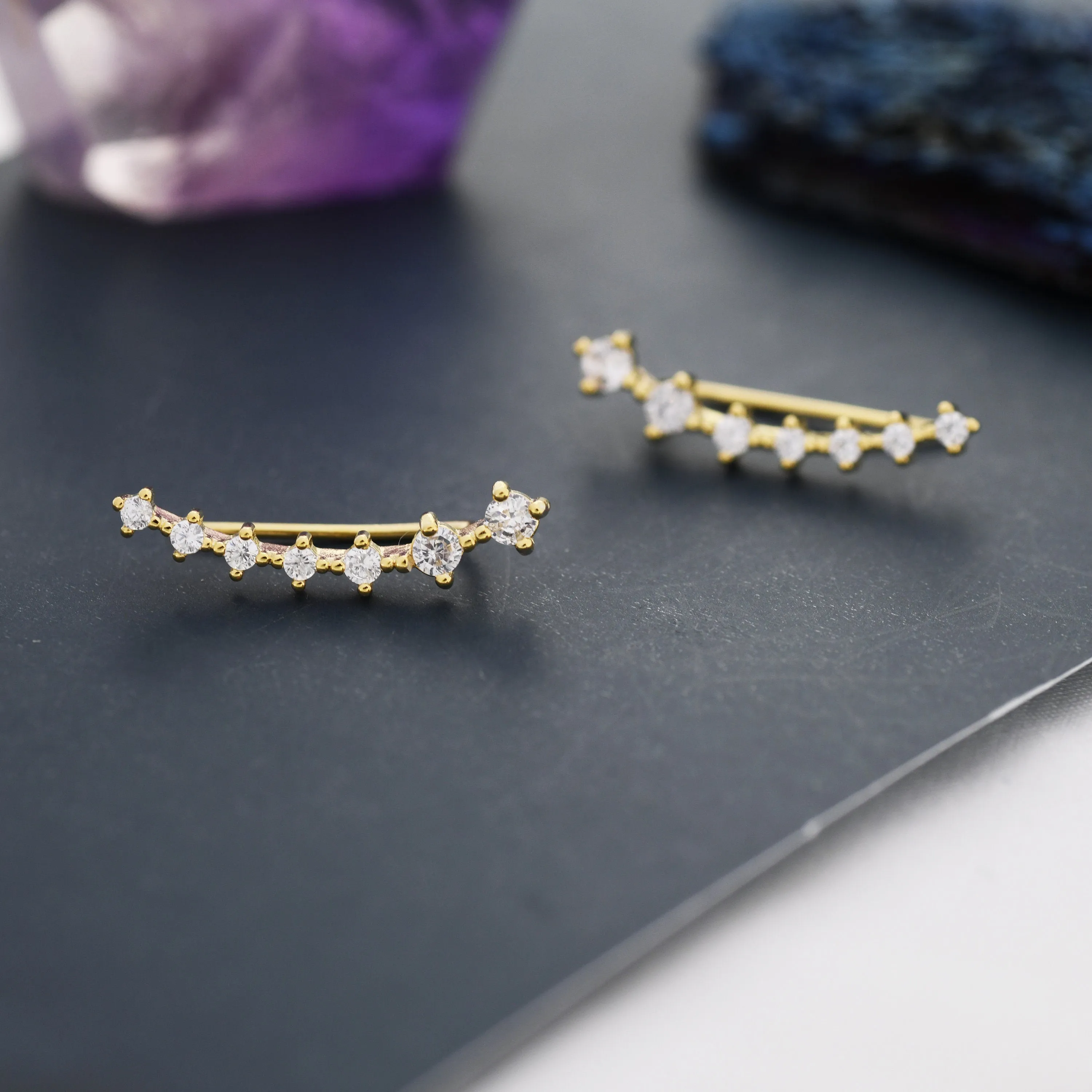 Sterling Silver Ear Crawler Earrings with Sparkly CZ Crystals, Silver, Gold or Rose Gold