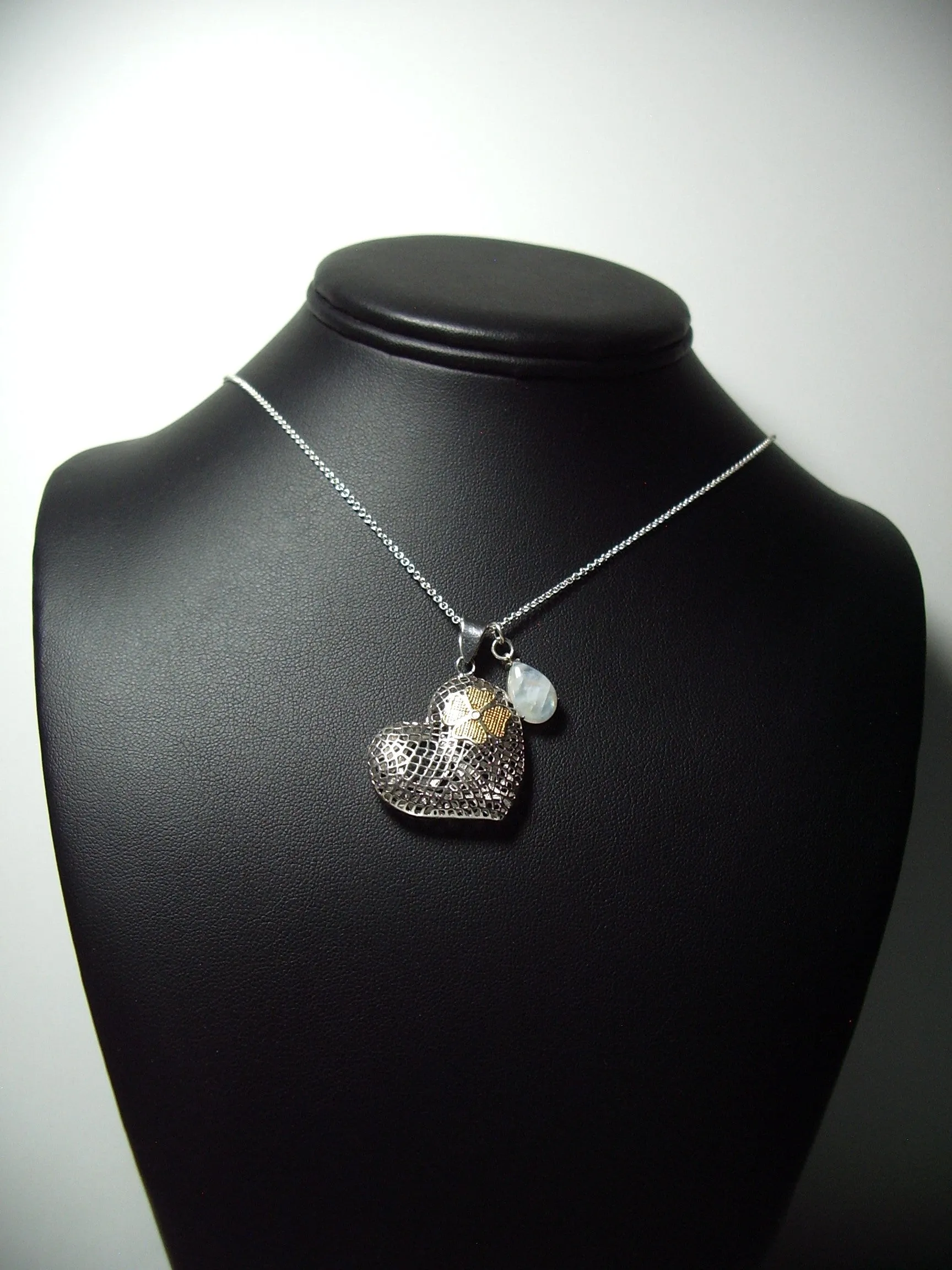 Sterling Silver Mesh Heart and Blue Moonstone Teardrop Pendants w/ 18” 1.7 mm SS Cable Chain