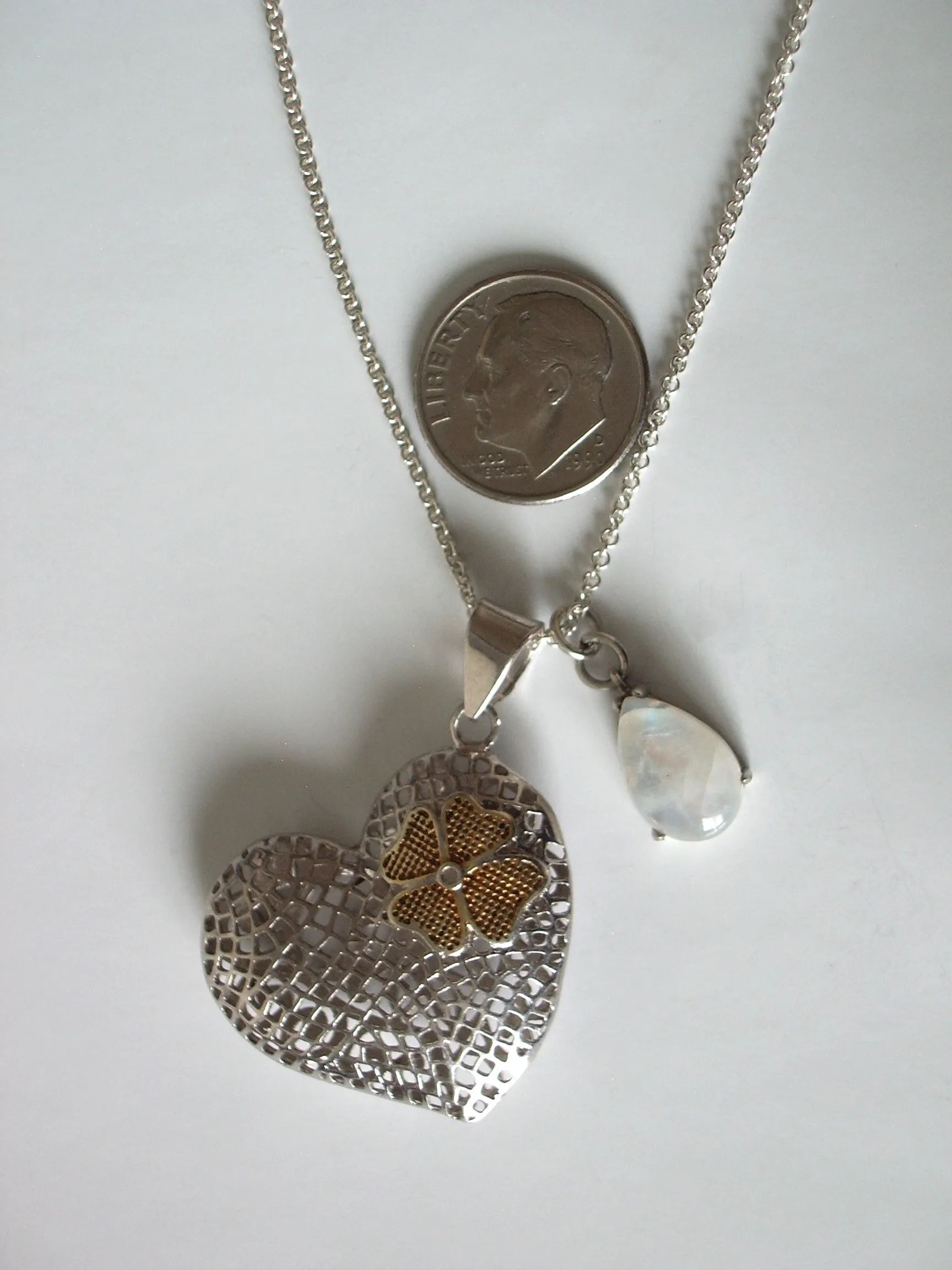 Sterling Silver Mesh Heart and Blue Moonstone Teardrop Pendants w/ 18” 1.7 mm SS Cable Chain