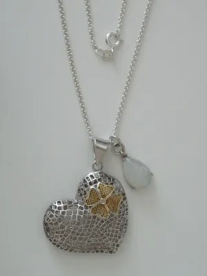 Sterling Silver Mesh Heart and Blue Moonstone Teardrop Pendants w/ 18” 1.7 mm SS Cable Chain