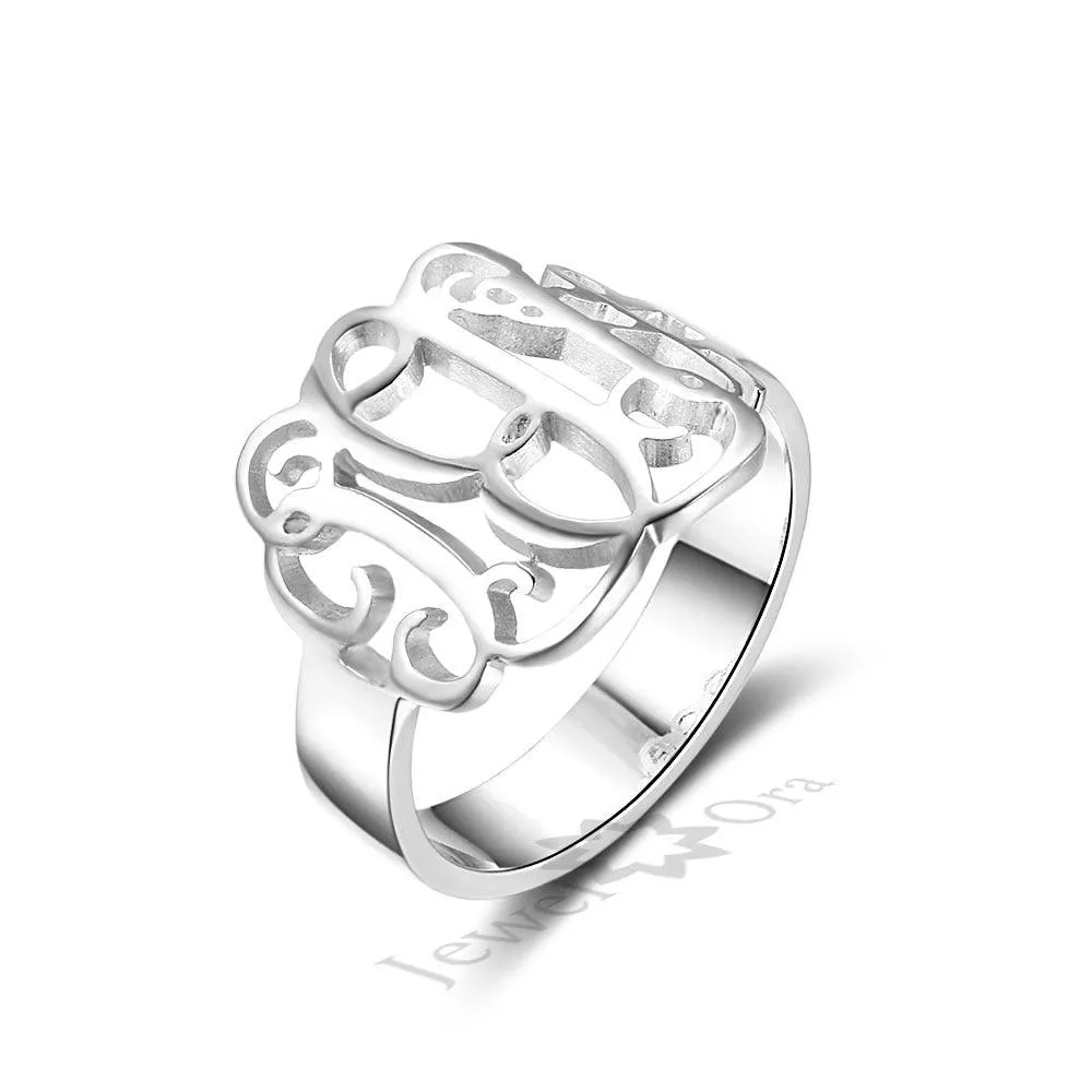 Sterling Silver Monogram Ring Personalized Hollow Monogram Name Ring