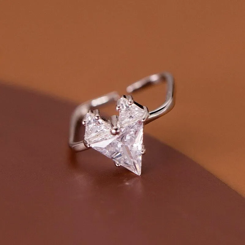 Sterling Silver Sparkling Clear AAAA Simulated Diamonds Heart Geometric Adjustable Ring - Trendy Fine Jewellery
