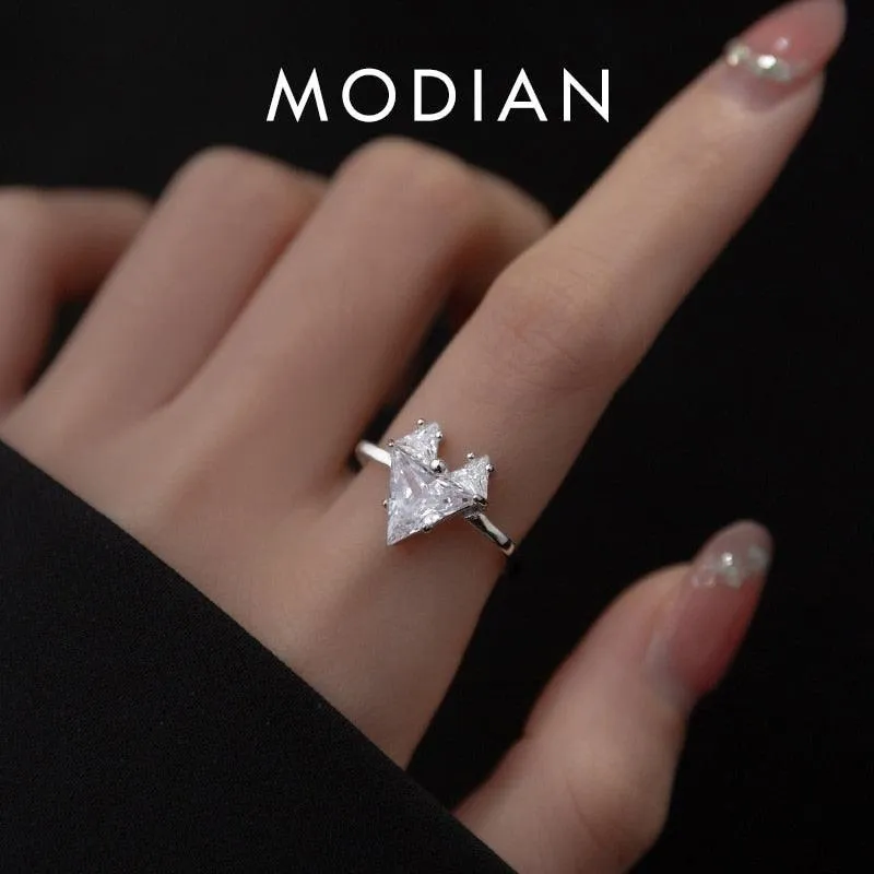 Sterling Silver Sparkling Clear AAAA Simulated Diamonds Heart Geometric Adjustable Ring - Trendy Fine Jewellery