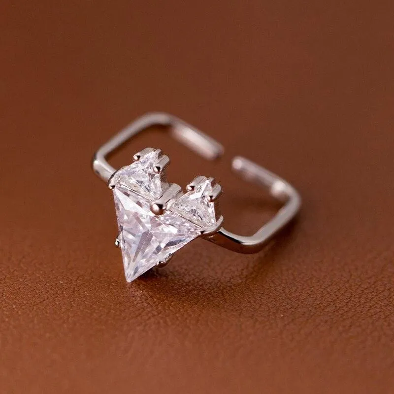 Sterling Silver Sparkling Clear AAAA Simulated Diamonds Heart Geometric Adjustable Ring - Trendy Fine Jewellery