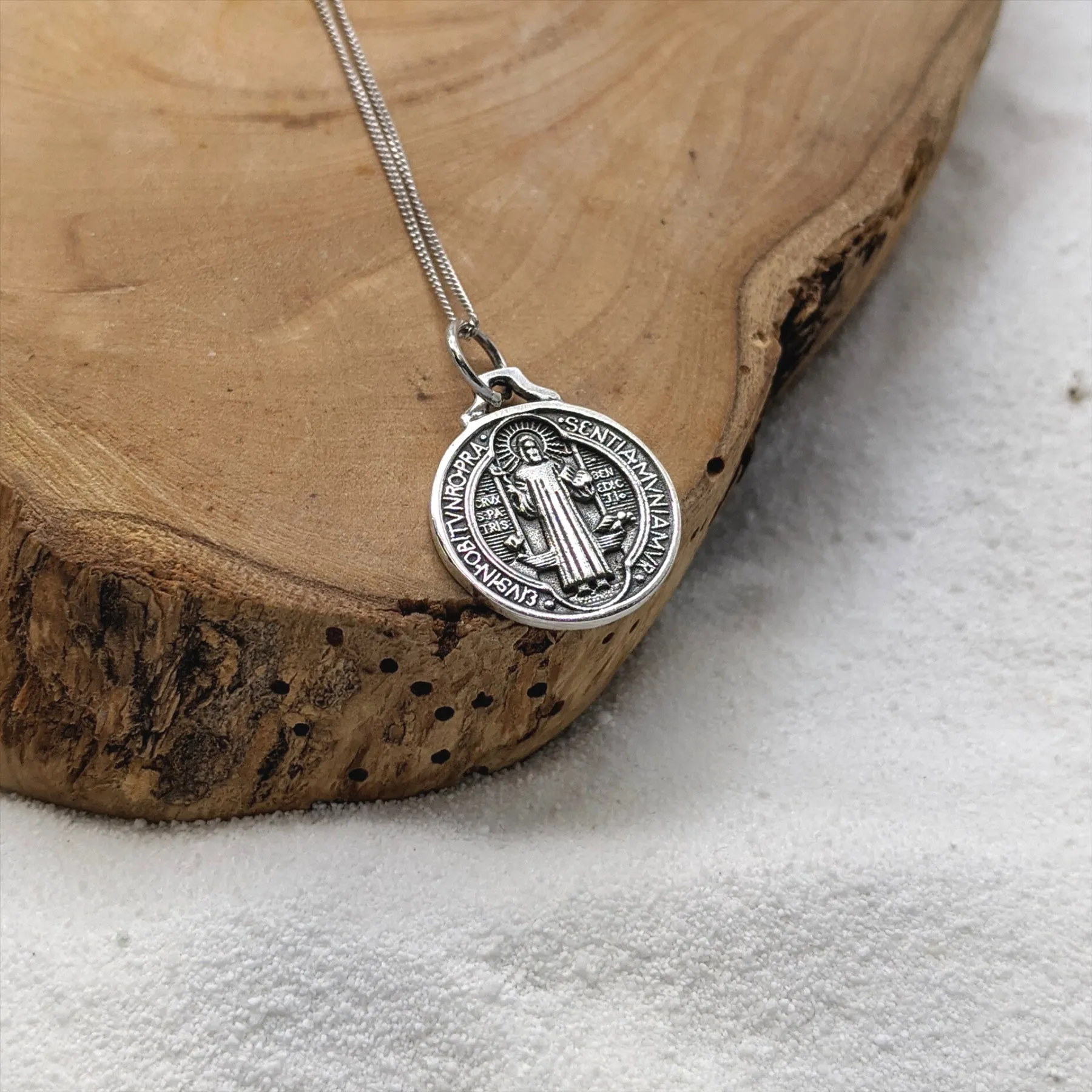 Sterling Silver St Benedict Medallion Coin Shaped Pendant Necklace