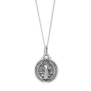 Sterling Silver St Benedict Medallion Coin Shaped Pendant Necklace