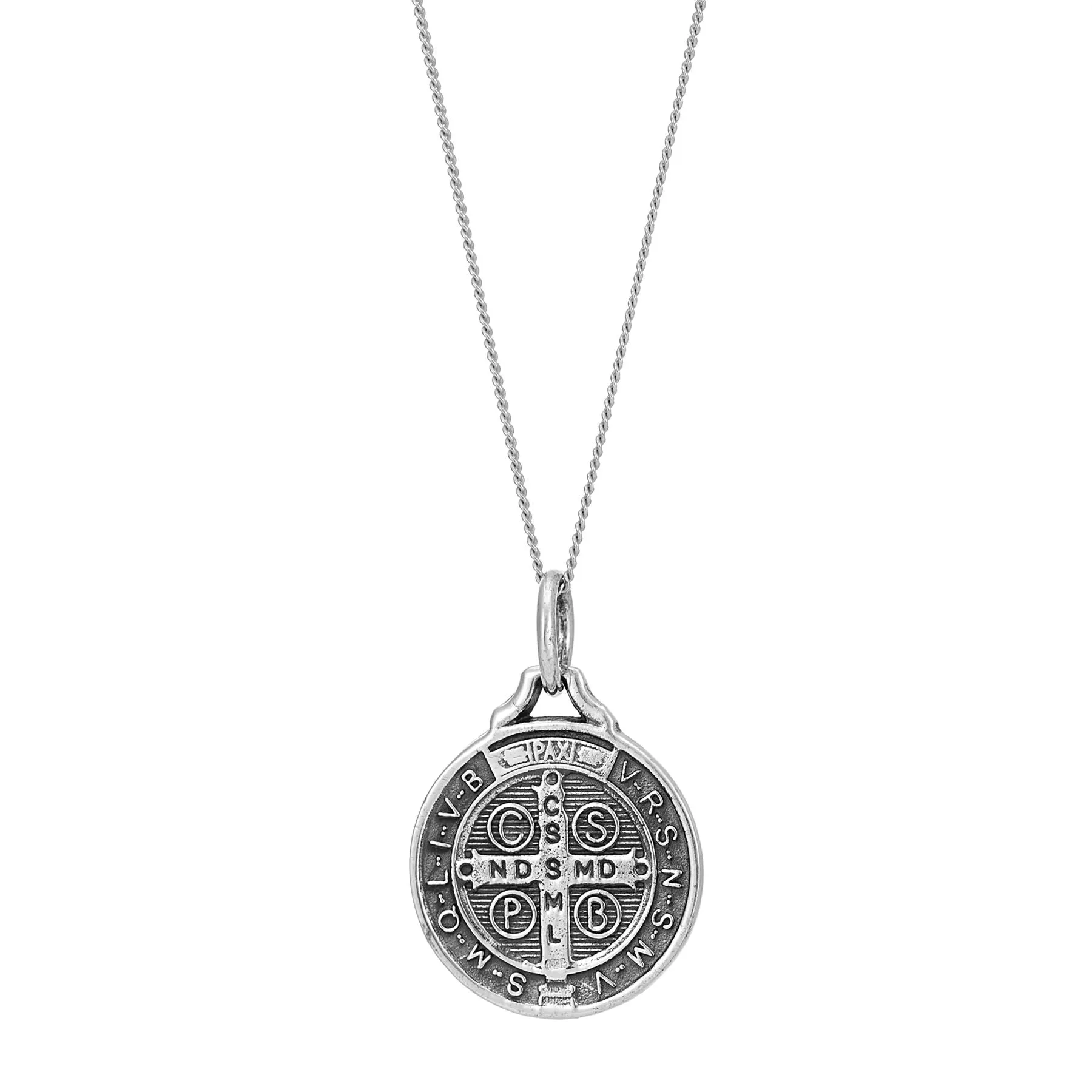 Sterling Silver St Benedict Medallion Coin Shaped Pendant Necklace