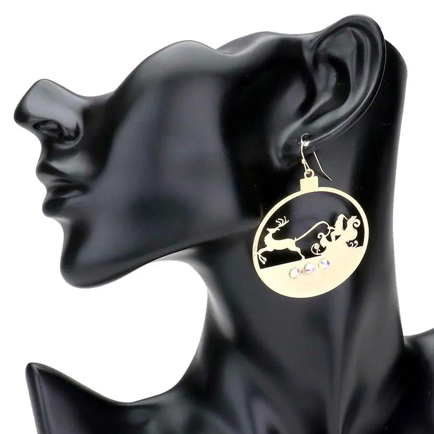 Stone Embellished Rudolph Brass Metal Round Dangle Earrings