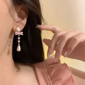 Stylish Flower Bow and Pearl Drop Earrings