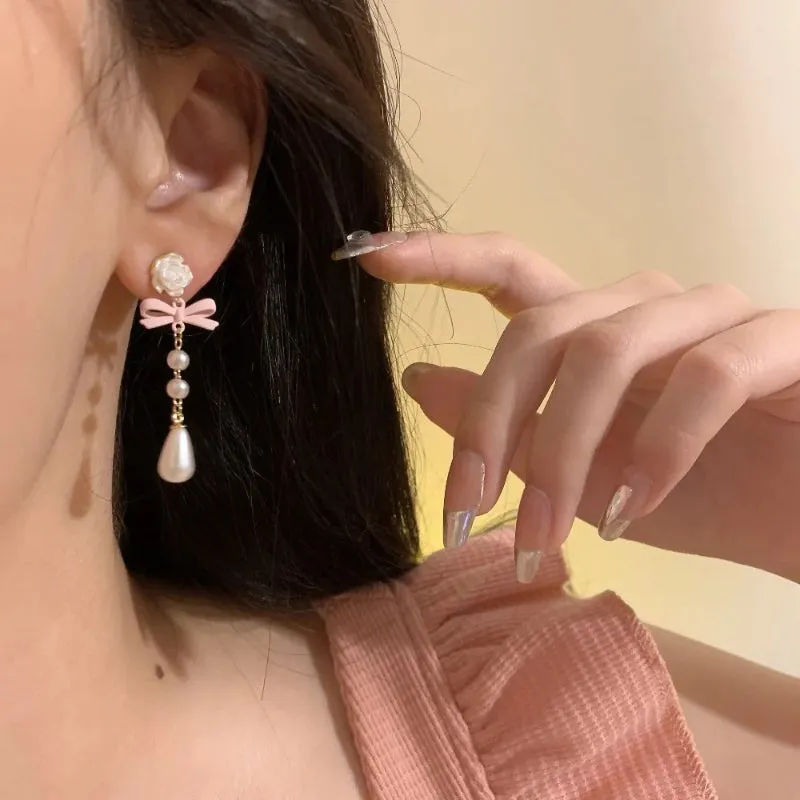 Stylish Flower Bow and Pearl Drop Earrings