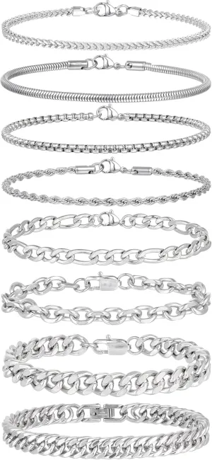 Tornito 8Pcs Chain Bracelet Stainless Steel Curb Width Rope Figaro Cuban Link Paperclip Twist Chain Bracelets Set for Men Women 7.5/8.3/9.0 Inches