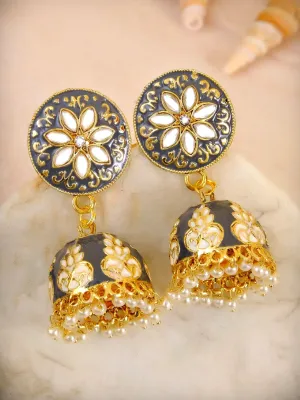 Traditional Gold Plated Grey Meenakari Enamel Floral Kundan Earrings - Sophisticated Jhumka Design