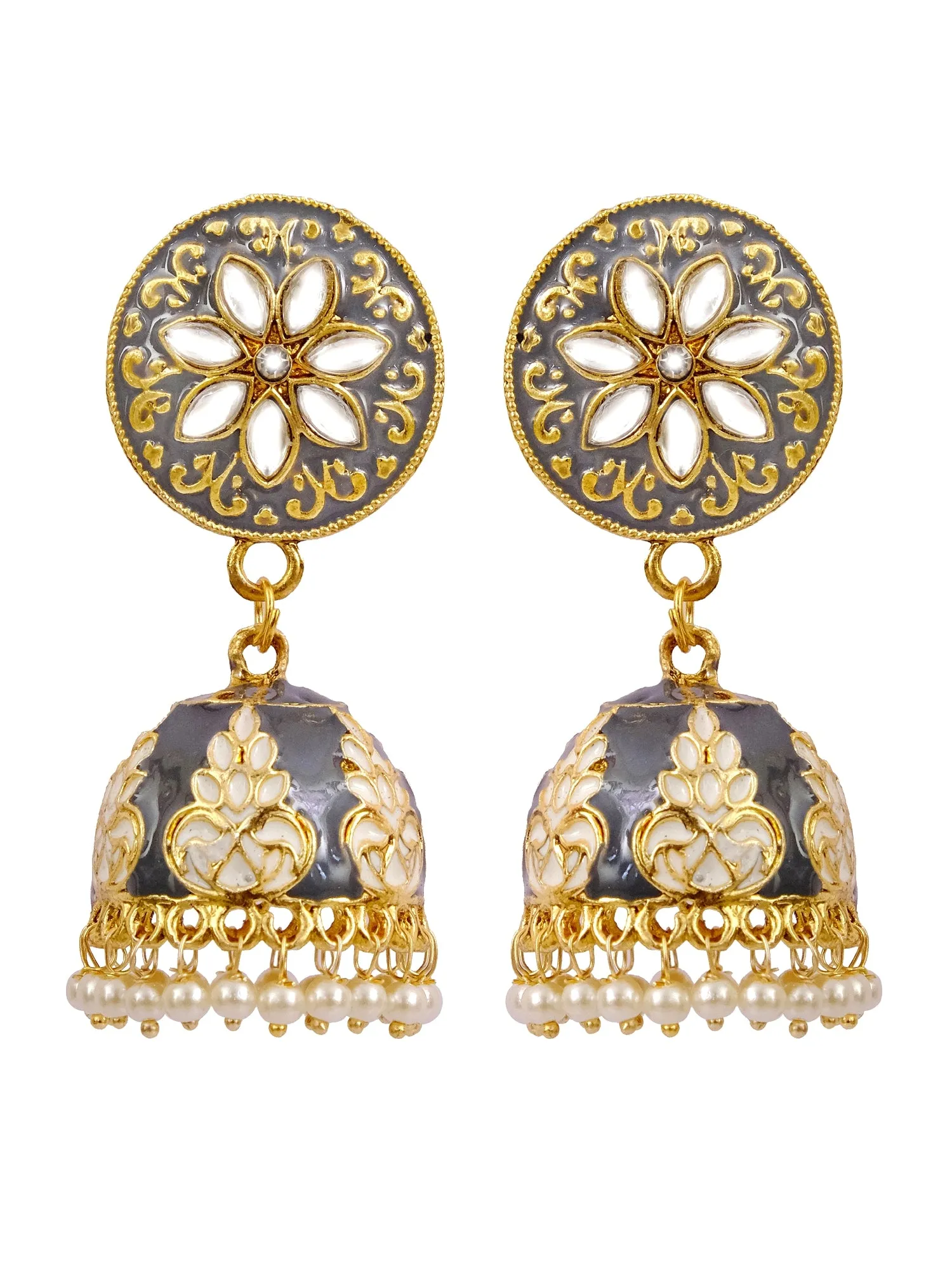 Traditional Gold Plated Grey Meenakari Enamel Floral Kundan Earrings - Sophisticated Jhumka Design