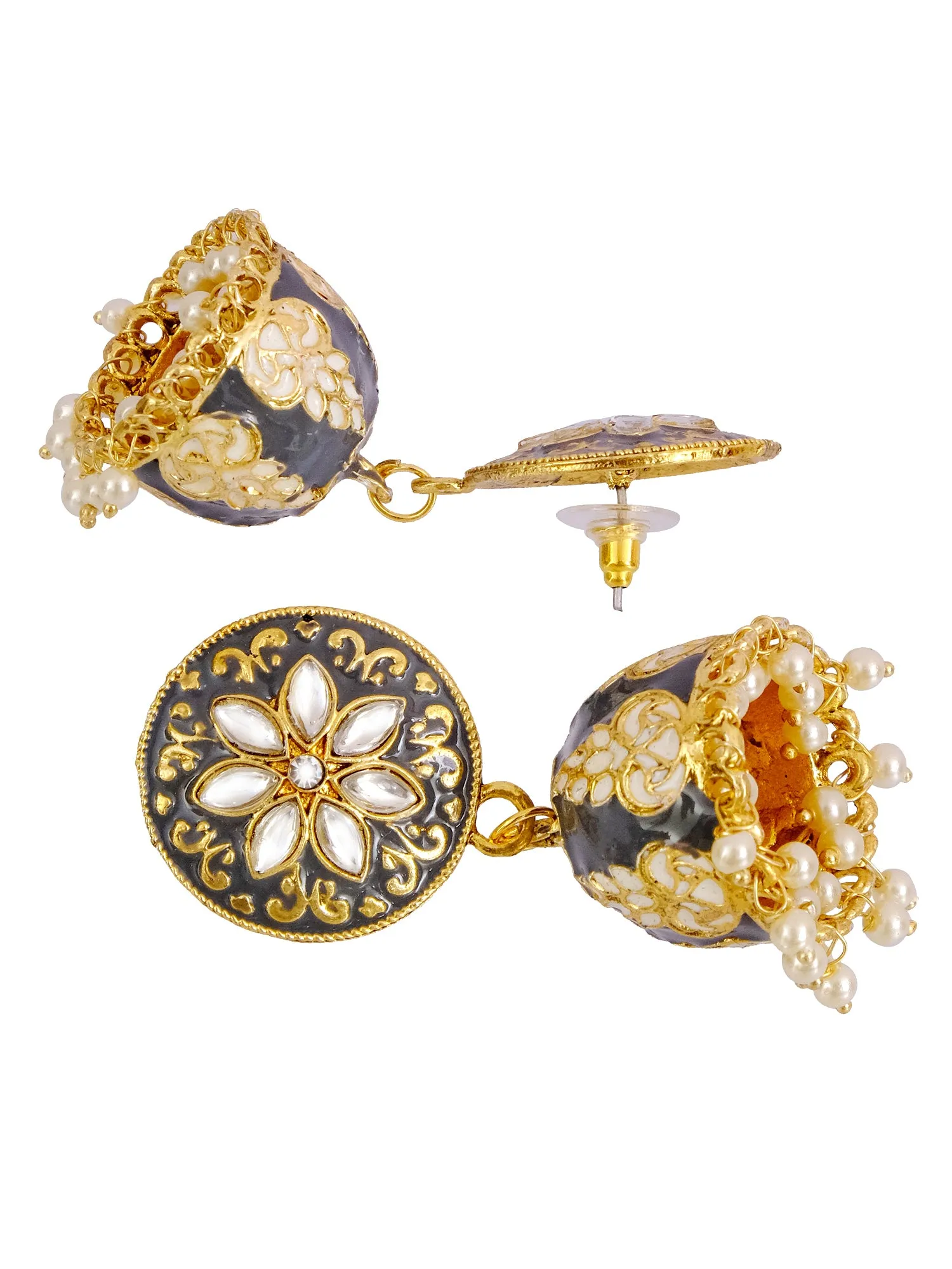 Traditional Gold Plated Grey Meenakari Enamel Floral Kundan Earrings - Sophisticated Jhumka Design