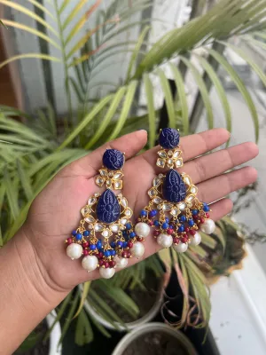 Traditional Gold Plated Kundan Heavy Dangler Jhumki Earrings in Blue for Women & Girls