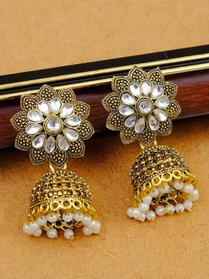 Traditional Gold-Plated, White Kundan Earrings with Pearls- Perfect Pearl Jhumkas for Girls
