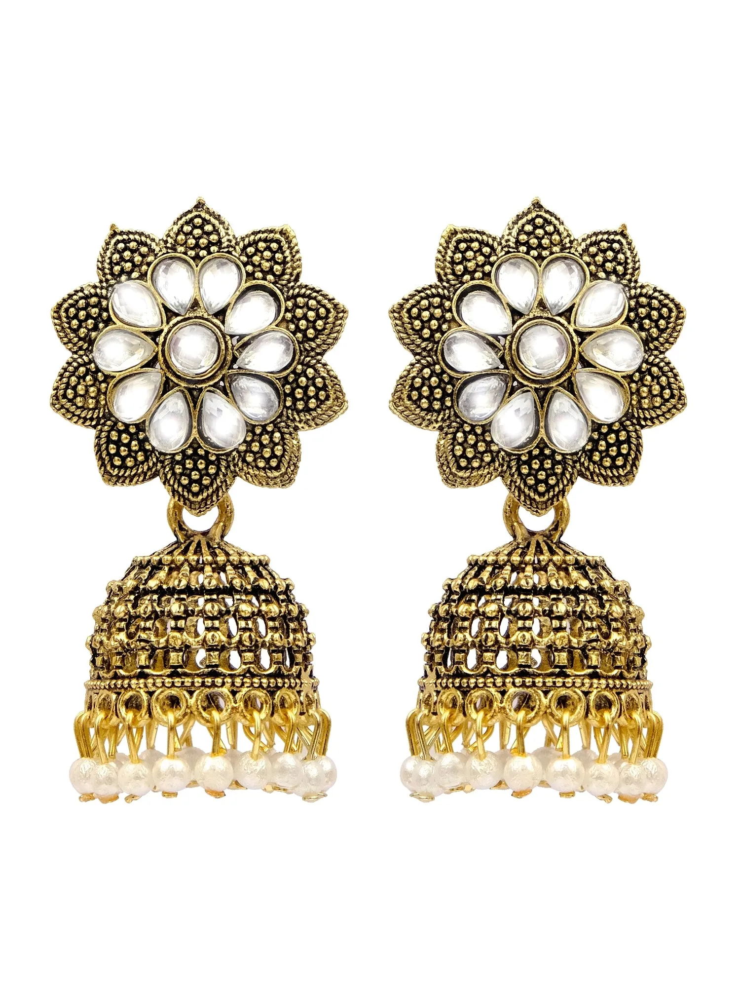 Traditional Gold-Plated, White Kundan Earrings with Pearls- Perfect Pearl Jhumkas for Girls
