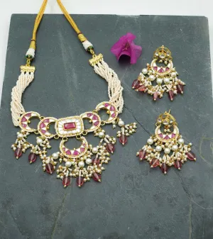 Traditional Maroon Pachi Kundan Choker with Earrings (Necklace and Earrings Set)
