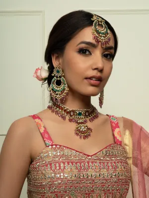Traditional Ruby Red & Emerald Bridal Choker Set (Necklace, Earrings & Maangtikka)