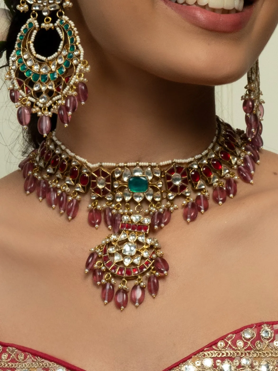 Traditional Ruby Red & Emerald Bridal Choker Set (Necklace, Earrings & Maangtikka)