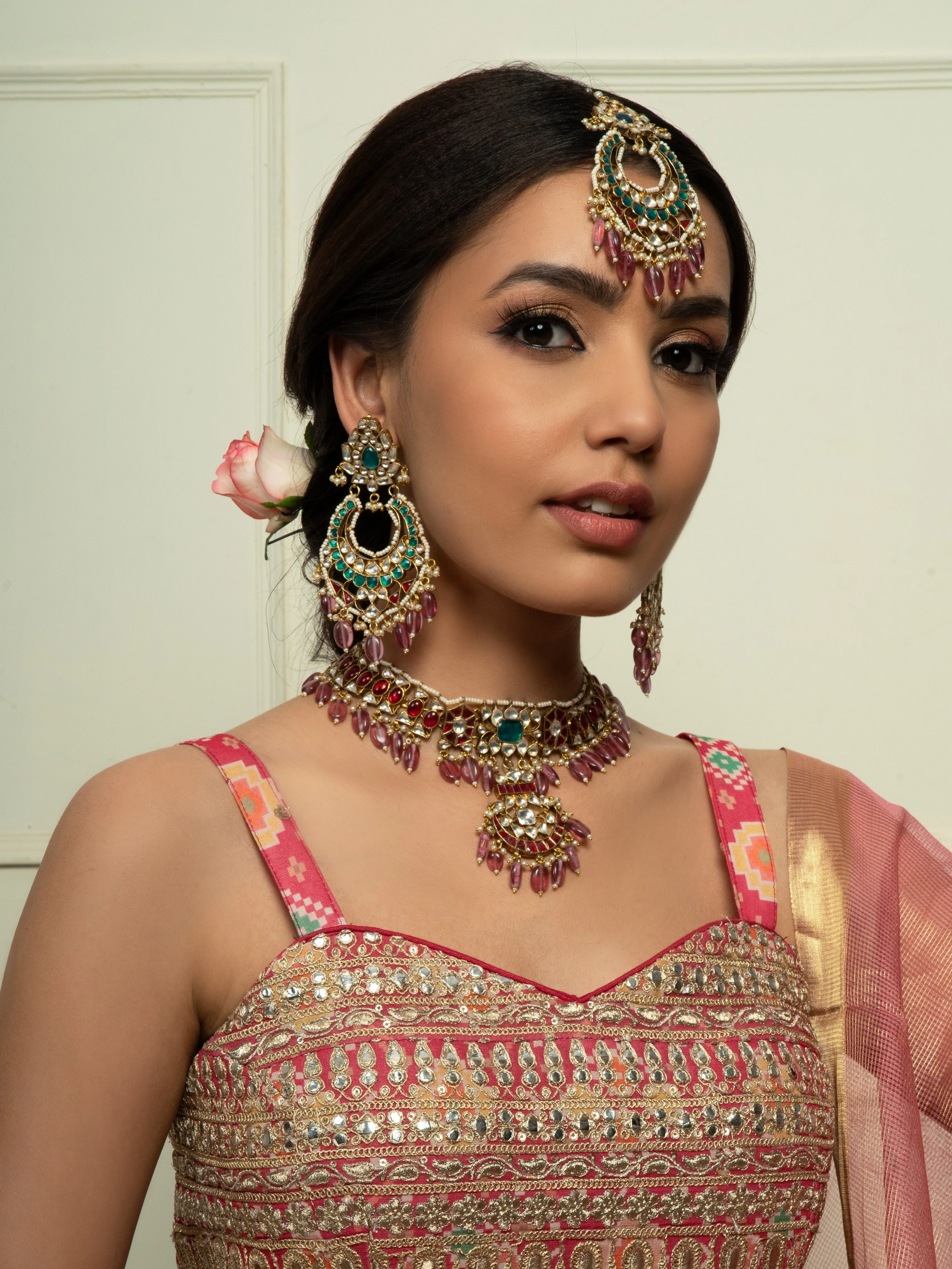 Traditional Ruby Red & Emerald Bridal Choker Set (Necklace, Earrings & Maangtikka)