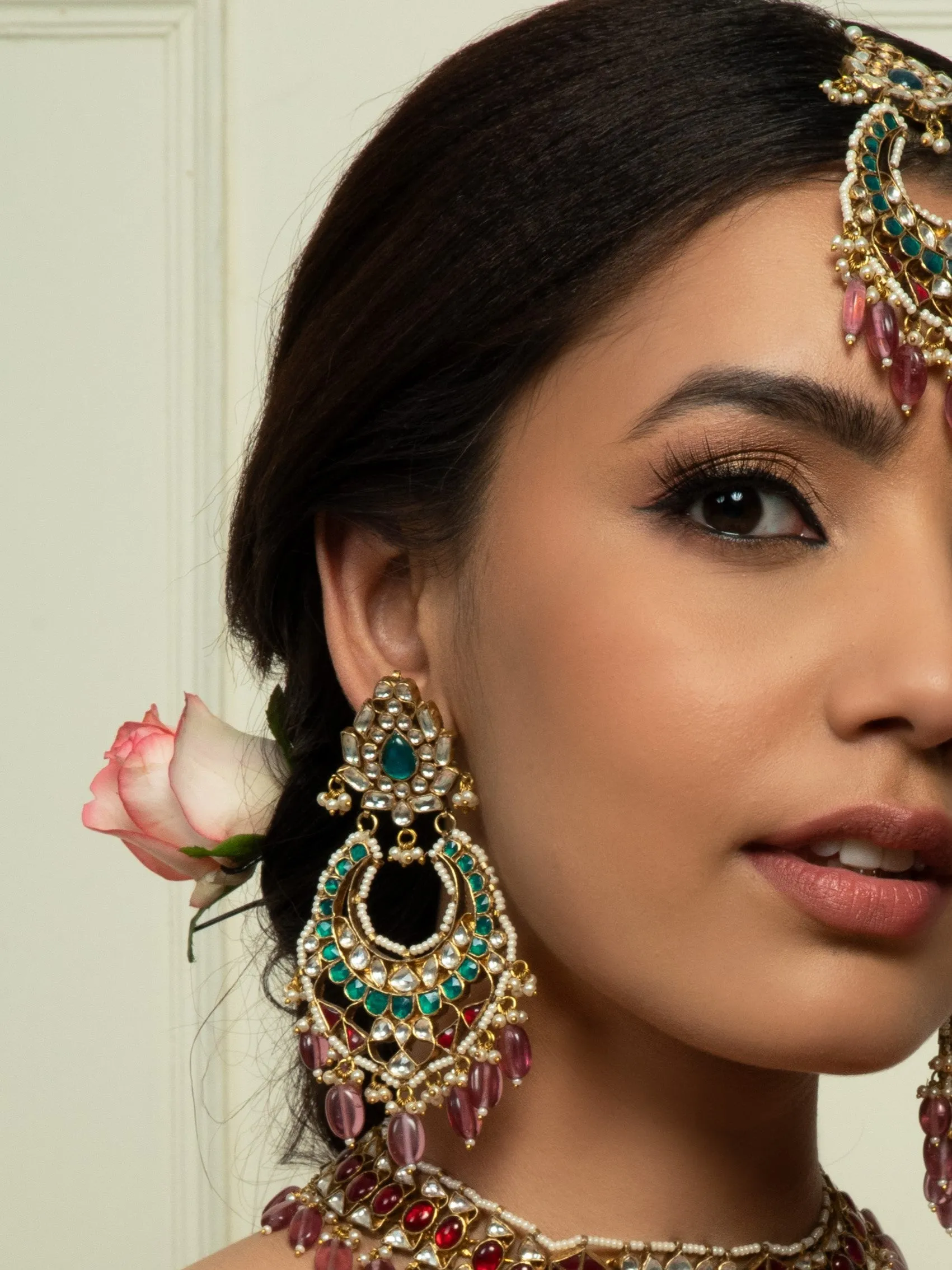 Traditional Ruby Red & Emerald Bridal Choker Set (Necklace, Earrings & Maangtikka)