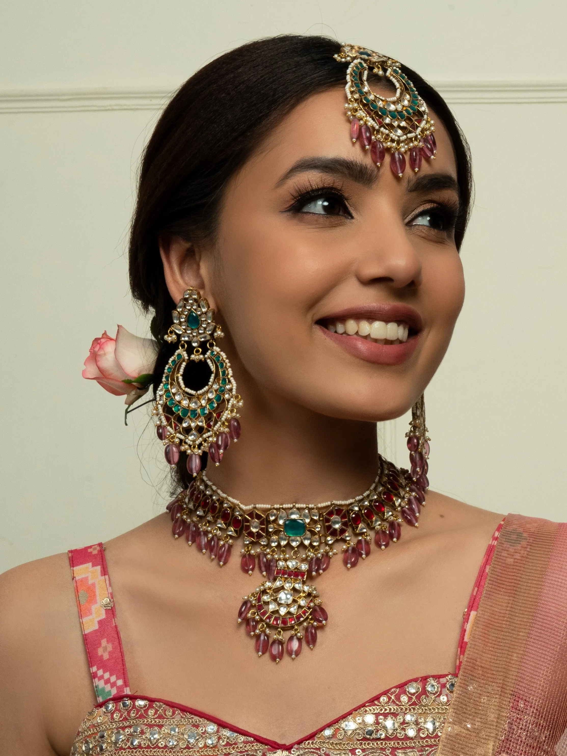 Traditional Ruby Red & Emerald Bridal Choker Set (Necklace, Earrings & Maangtikka)