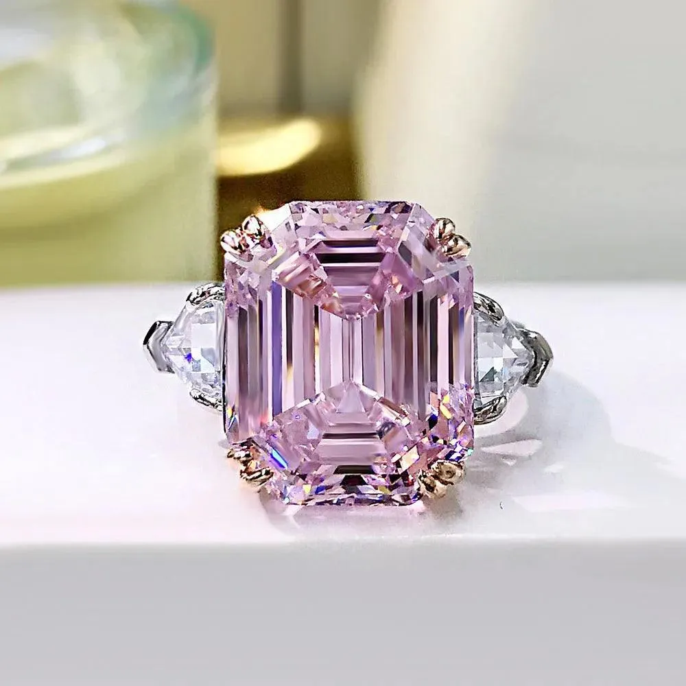 Trendy 925 Sterling Silver 13*16mm Big Gemstone Topaz Pink Quartz Lab Diamond Luxury Jewellery - Ideal Presents