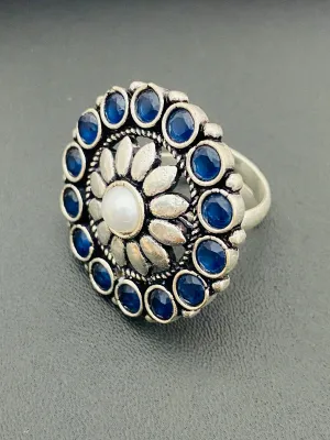 Trendy Blue Stone Beaded Flower Designed Silver Toned Oxidized Finger Ring