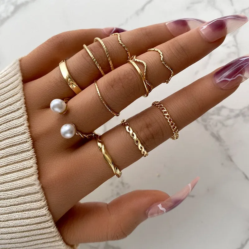 Trendy Boho Gold Pearl 22pcs Heart Rings Set For Women