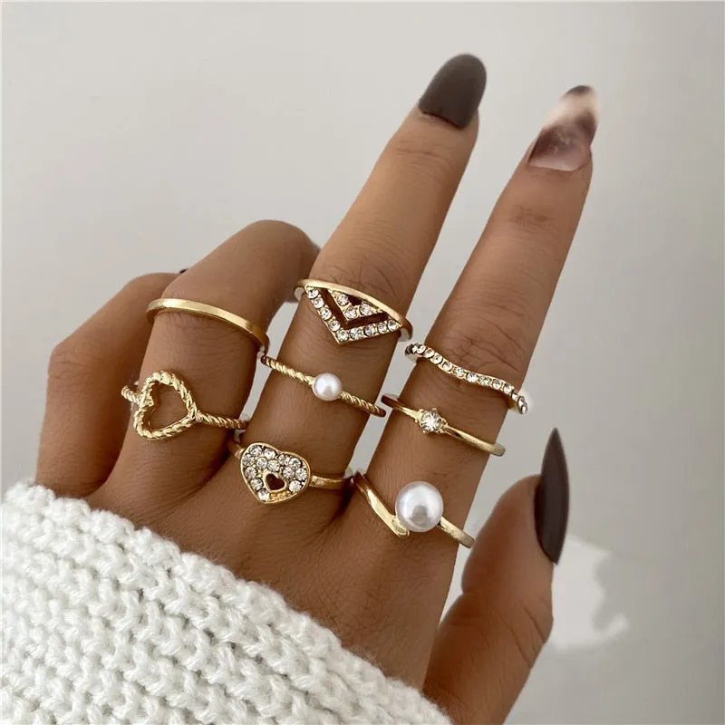 Trendy Boho Gold Pearl 22pcs Heart Rings Set For Women