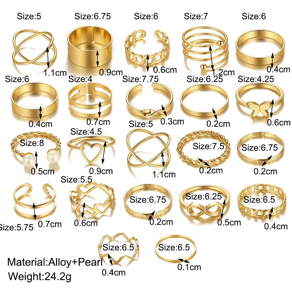 Trendy Boho Gold Pearl 22pcs Heart Rings Set For Women