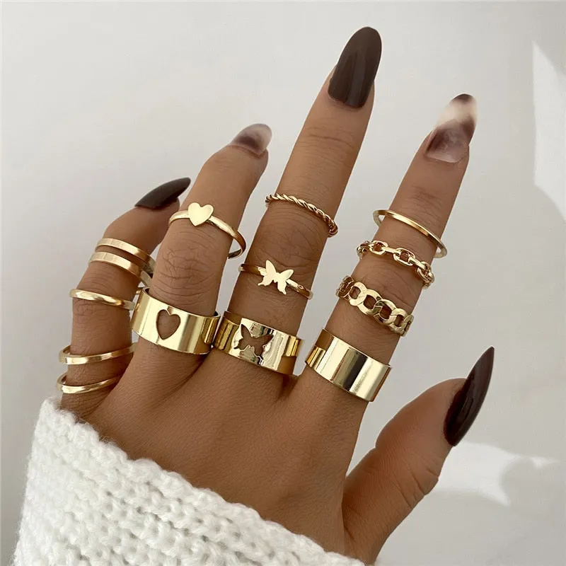 Trendy Boho Gold Pearl 22pcs Heart Rings Set For Women
