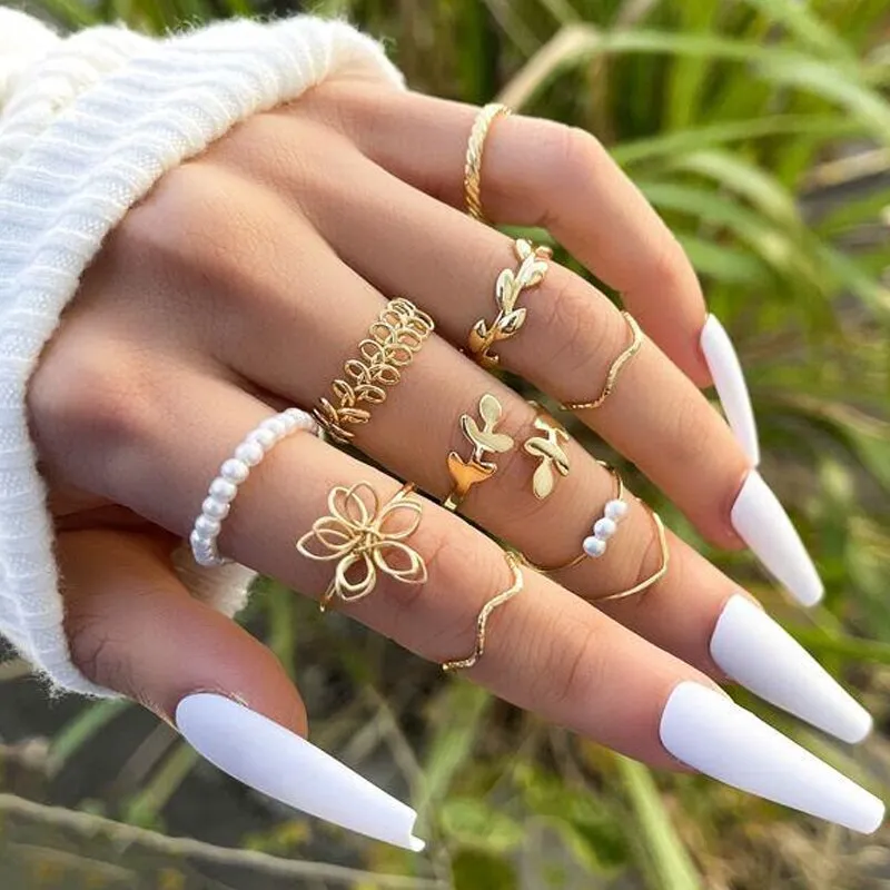 Trendy Boho Gold Pearl 22pcs Heart Rings Set For Women