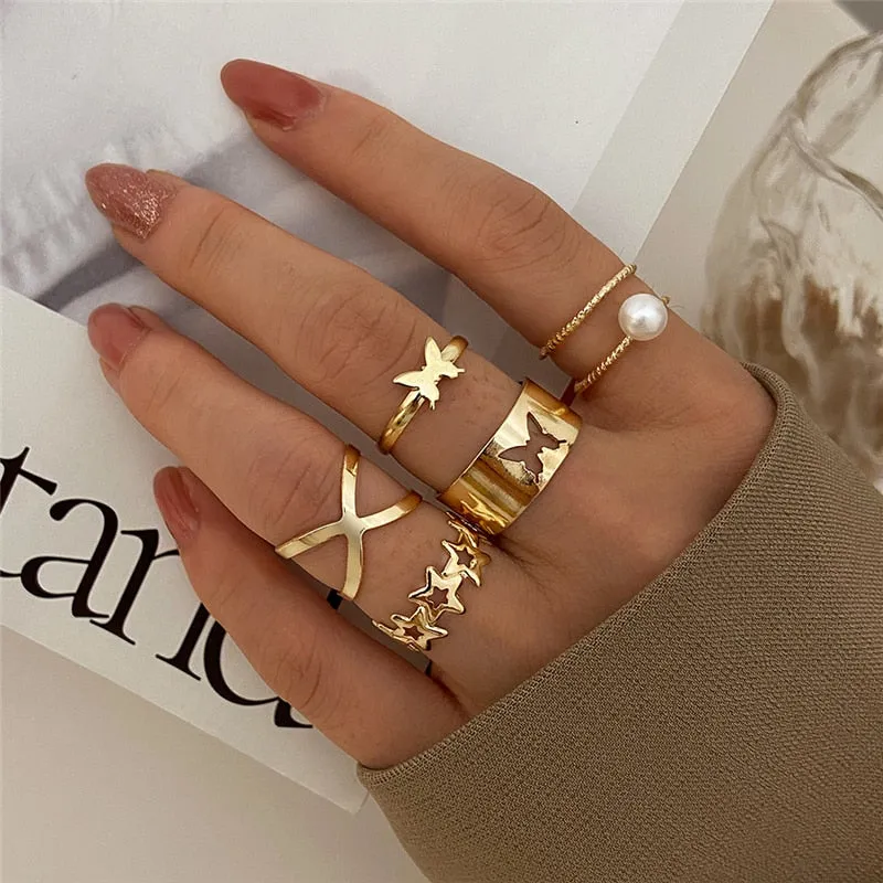 Trendy Boho Gold Pearl 22pcs Heart Rings Set For Women