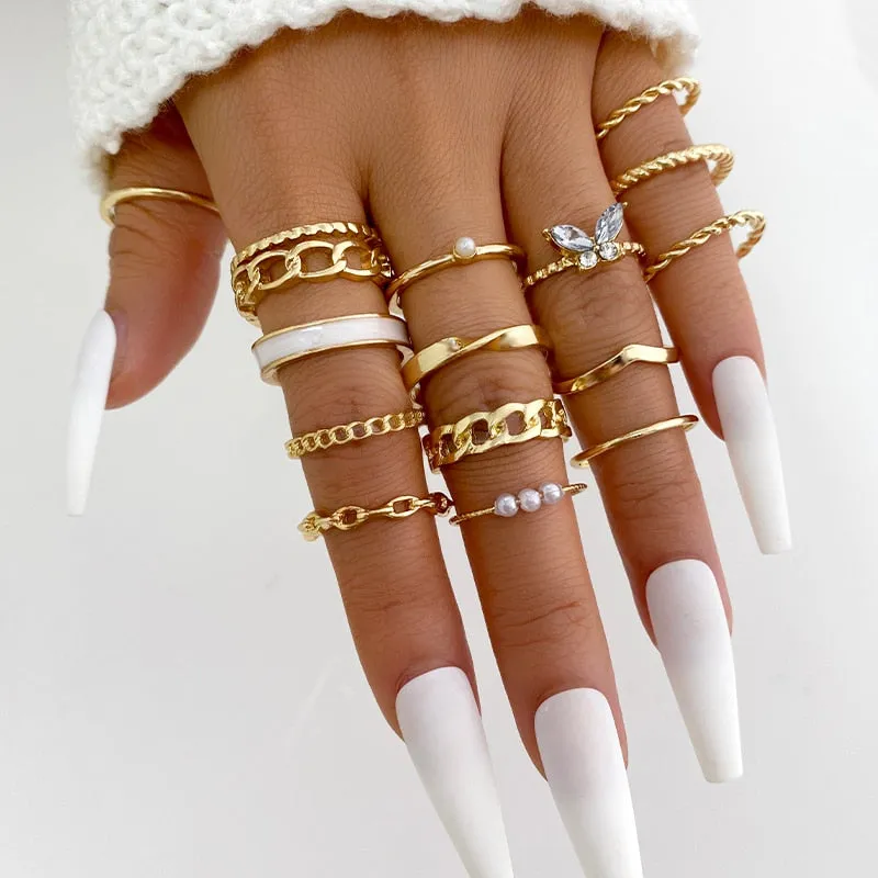 Trendy Boho Gold Pearl 22pcs Heart Rings Set For Women