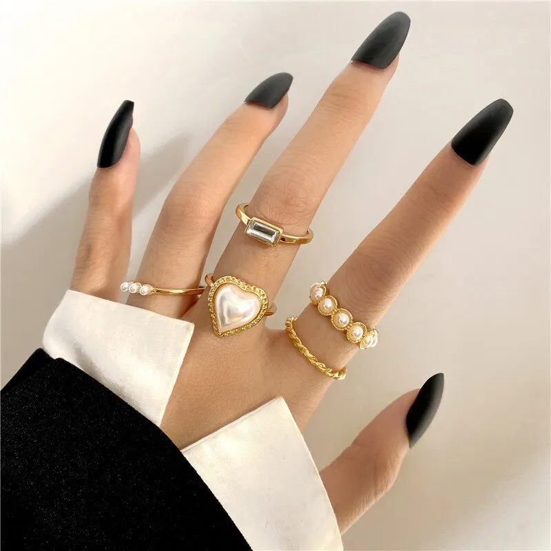 Trendy Boho Gold Pearl 22pcs Heart Rings Set For Women
