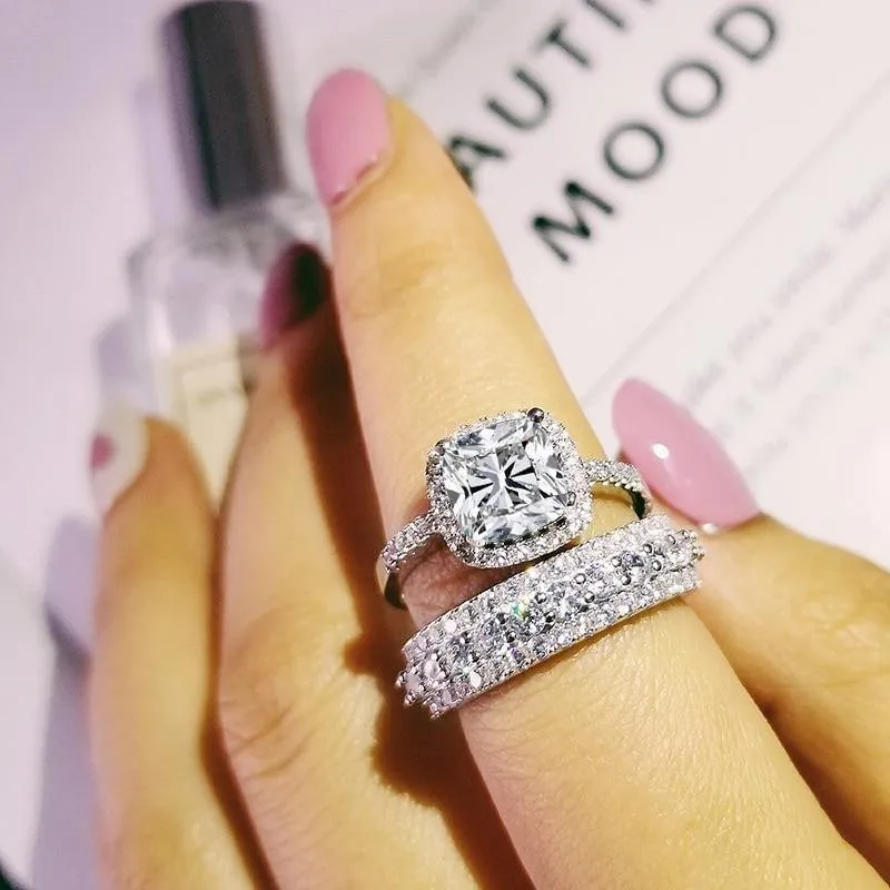 Trendy Fashion Design AAA CZ Diamonds Silver Ring Set