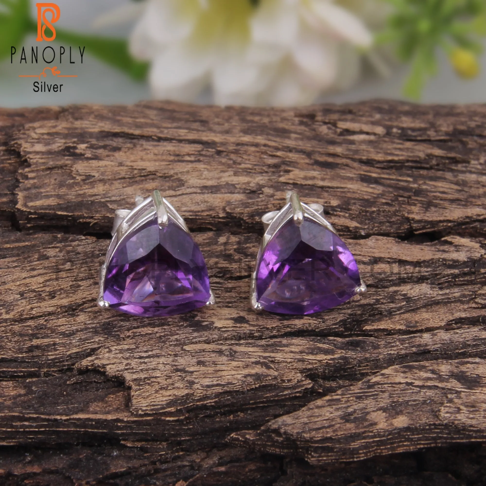 Trillion Shape Amethyst 925 Silver Studs Stylish Earrings