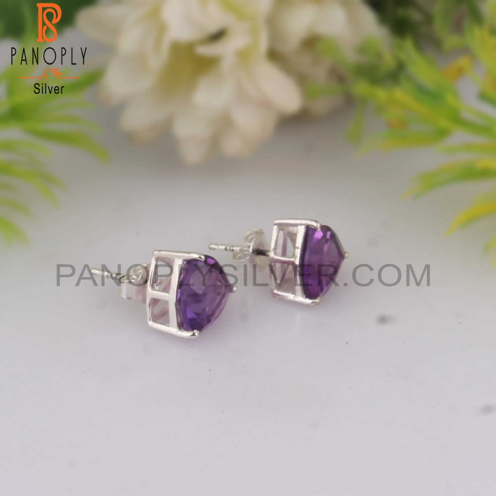 Trillion Shape Amethyst 925 Silver Studs Stylish Earrings