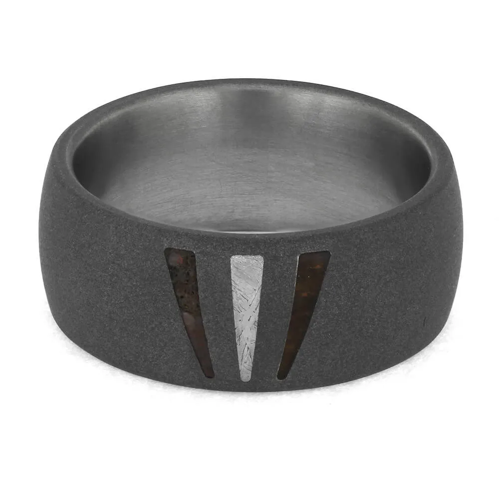 Triple Inlay Wedding Band with Meteorite, Dino Bone, and Ironwood