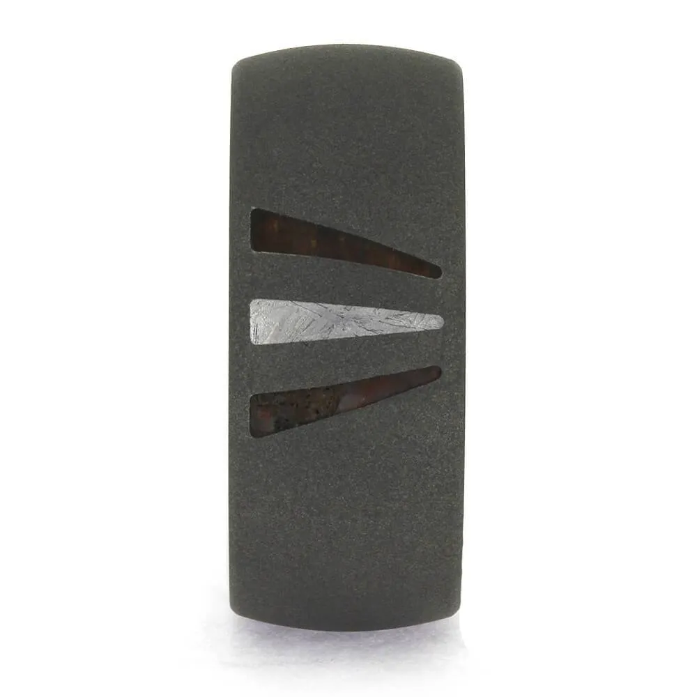 Triple Inlay Wedding Band with Meteorite, Dino Bone, and Ironwood